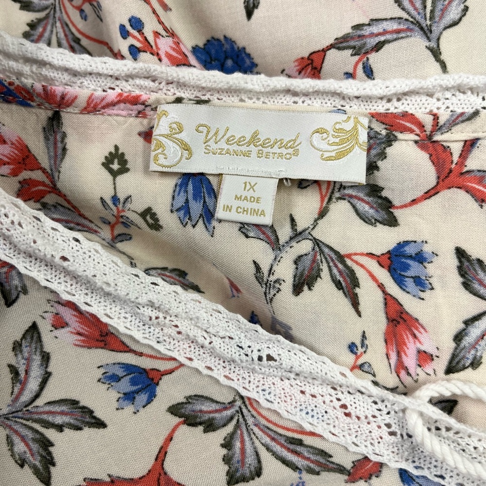 Boho Floral Tassel Tie Cream Blouse with Coral Trim - Picture 7 of 9